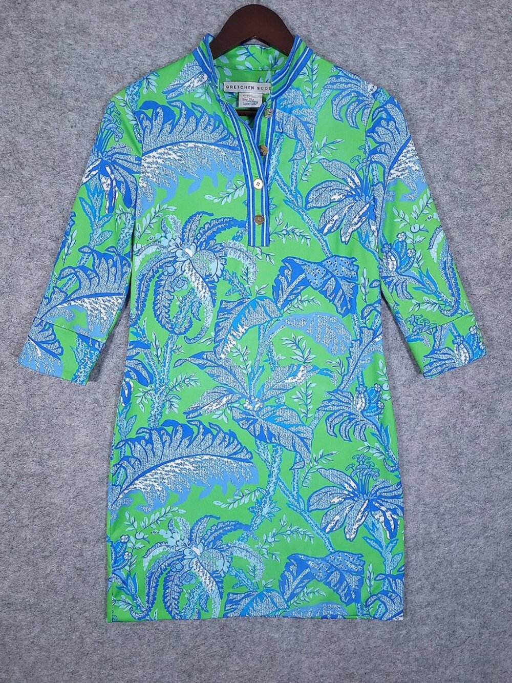 Gretchen Scott XS Green Blue Tropical Shift Dress 3/4 Sleeve Resort Botanical